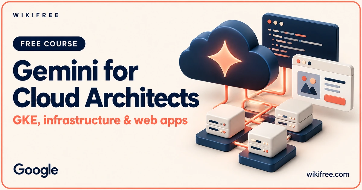 Gemini for Cloud Architects course cover with a conceptual cloud console, compute cluster and command card.