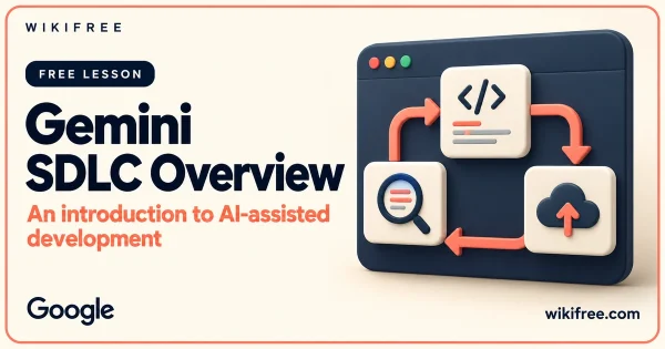 Gemini SDLC Overview lesson cover with a conceptual application window and development, testing and deployment objects.