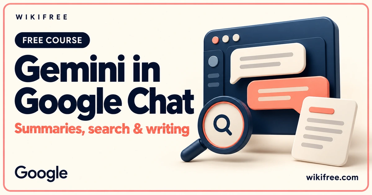 Gemini in Google Chat course cover with an illustrative messaging panel, search magnifier and writing card.