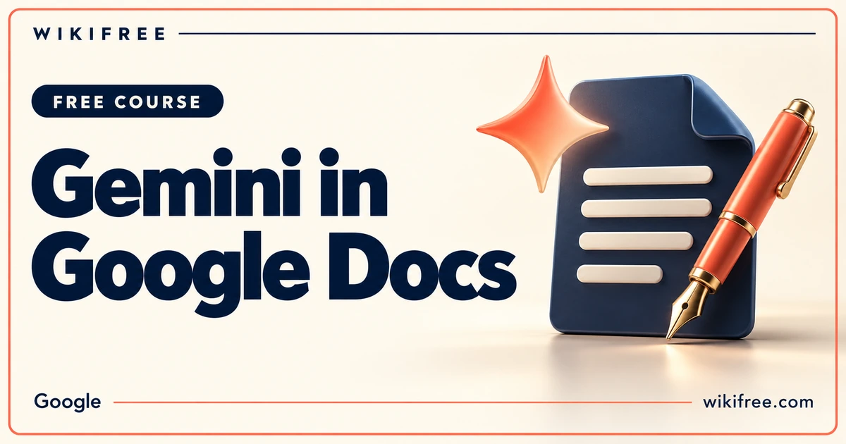 Gemini in Google Docs course cover with an illustrated document, fountain pen and AI sparkle.