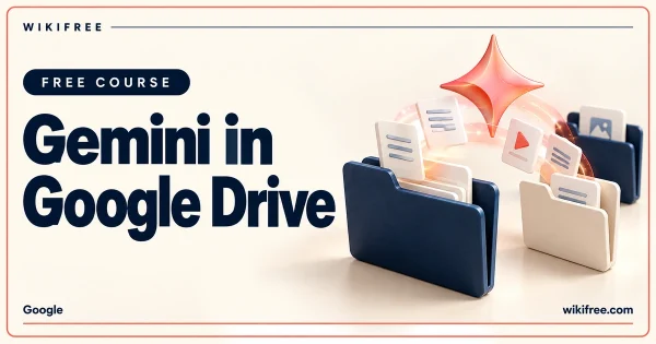 Gemini in Google Drive course cover with illustrated folders, document tiles and an AI sparkle.