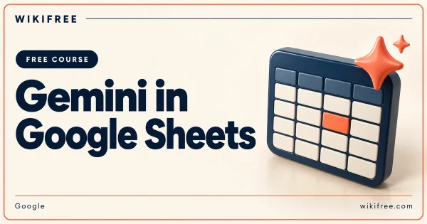 Gemini in Google Sheets course cover with an illustrative blank spreadsheet grid and AI sparkles.