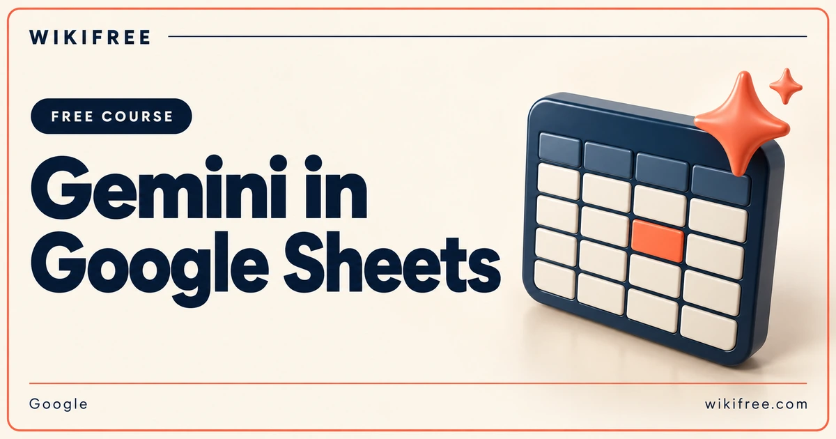 Gemini in Google Sheets course cover with an illustrative blank spreadsheet grid and AI sparkles.