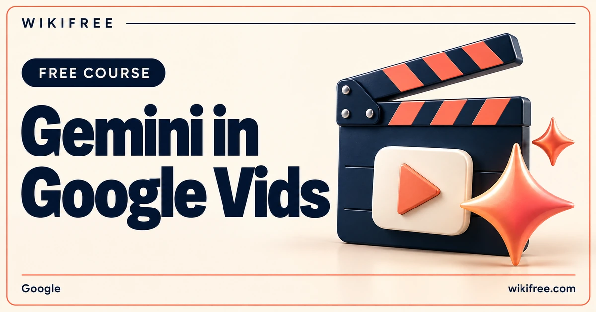 Gemini in Google Vids course cover with an illustrated film clapperboard, play tile and AI sparkle.