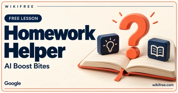 WikiFree Homework Helper lesson cover with an open notebook, coral question mark and learning blocks.