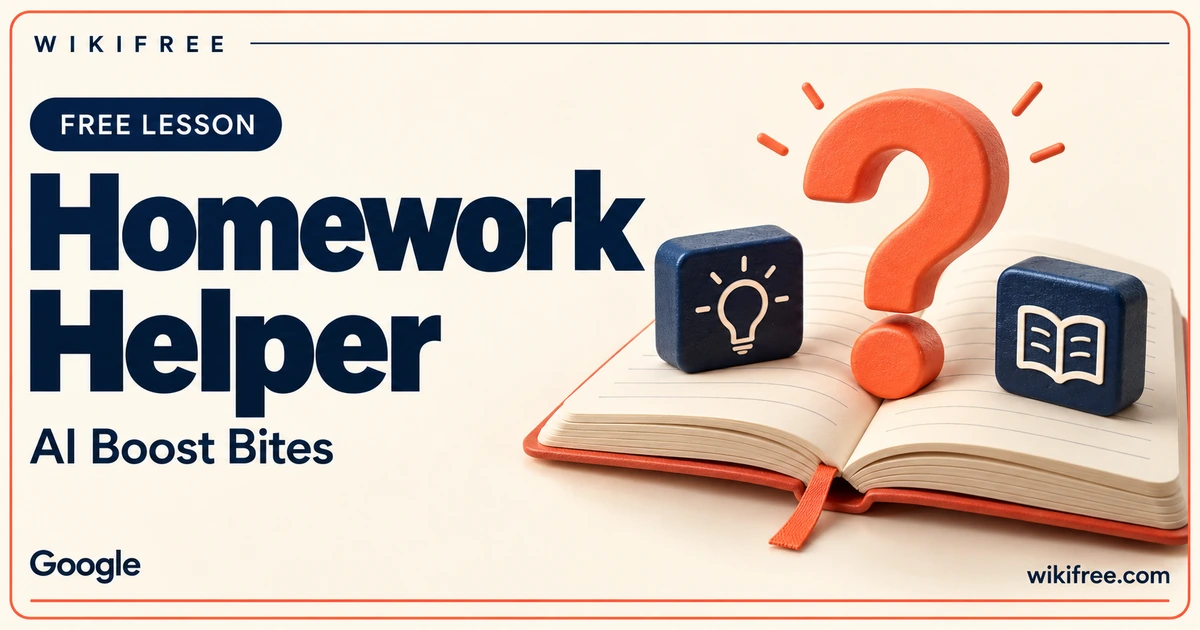 WikiFree Homework Helper lesson cover with an open notebook, coral question mark and learning blocks.