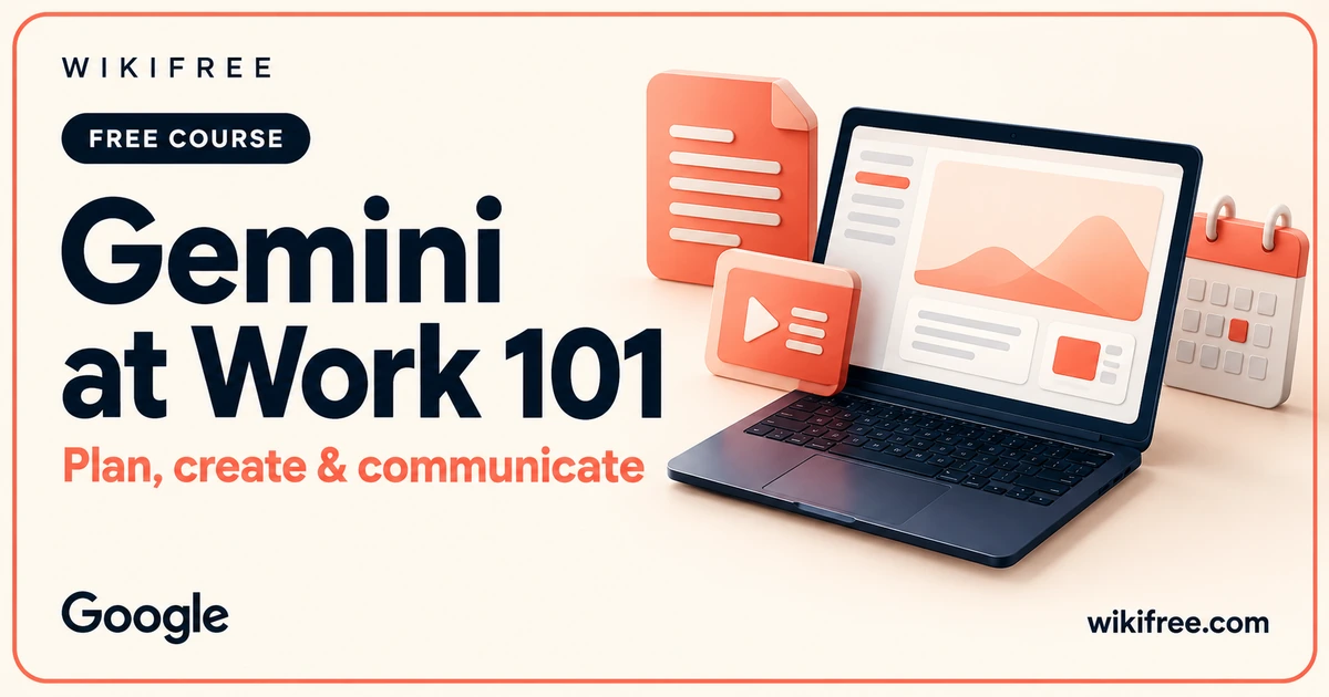 Gemini at Work 101 course cover with an illustrative laptop, presentation card and calendar.