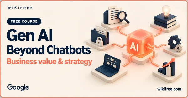Gen AI Beyond Chatbots course cover with an illustrative AI core connected to research, learning and automation objects.