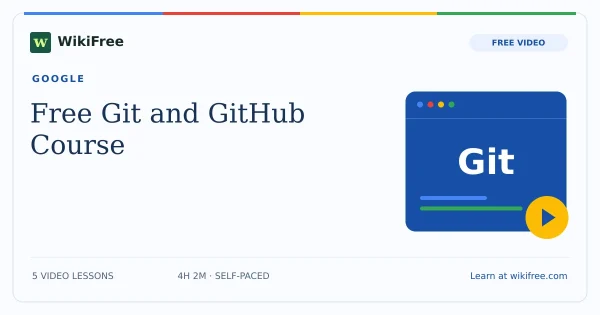 Free Git and GitHub Course by Google. Original WikiFree artwork in Google-inspired blue, red, yellow and green.