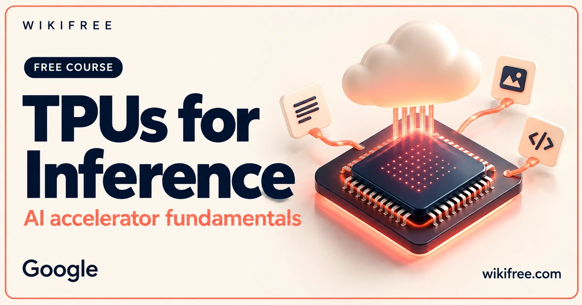 TPUs for Inference course cover with a conceptual accelerator chip connected to a cloud and data tiles.