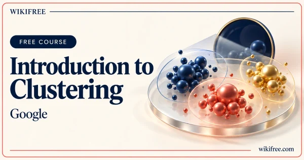 Google Introduction to Clustering, illustrated with navy, coral and gold groups of spheres on a transparent platform.