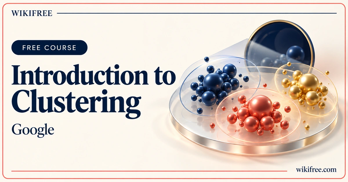 Google Introduction to Clustering, illustrated with navy, coral and gold groups of spheres on a transparent platform.