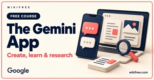 Introduction to the Gemini App course cover with illustrative phone and laptop chat and research objects.