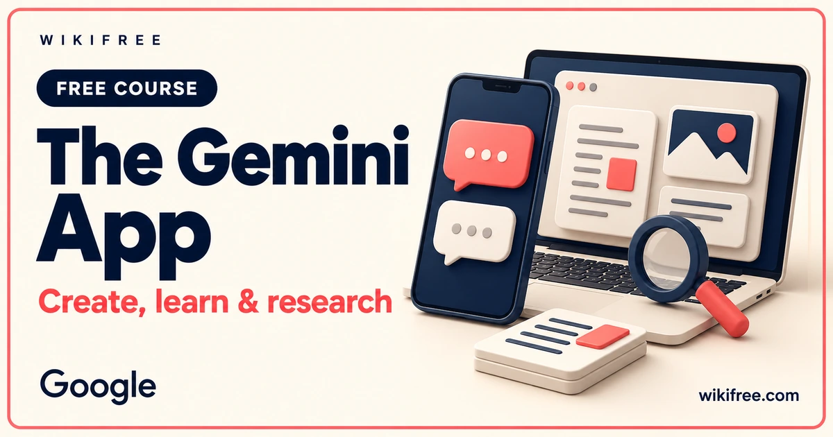 Introduction to the Gemini App course cover with illustrative phone and laptop chat and research objects.