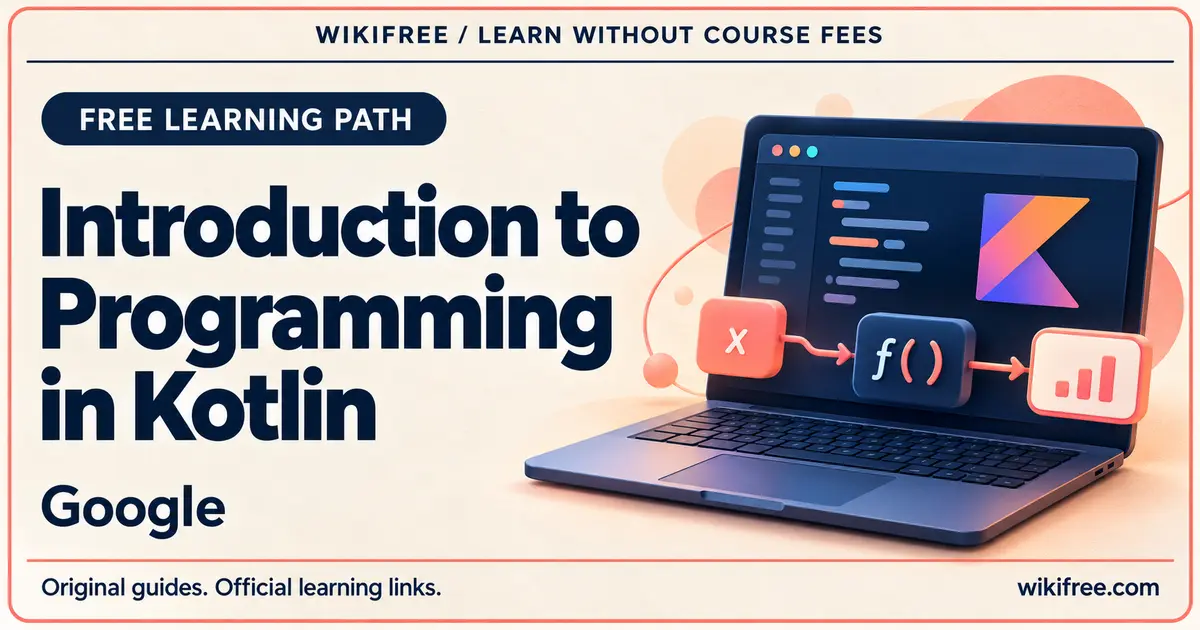 Introduction to Programming in Kotlin cover with a laptop, variable tile, function and result illustration.