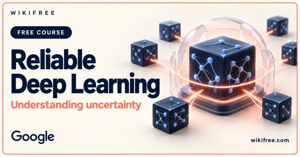 WikiFree Reliable Deep Learning course cover with illustrative connected model cubes and an uncertainty halo.