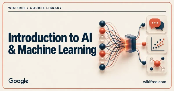 Connected neural network with speech, data and prediction symbols on a WikiFree AI and machine learning course cover.