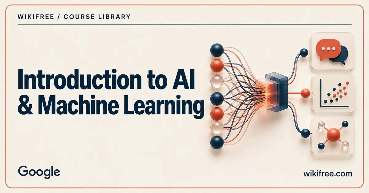 Connected neural network with speech, data and prediction symbols on a WikiFree AI and machine learning course cover.