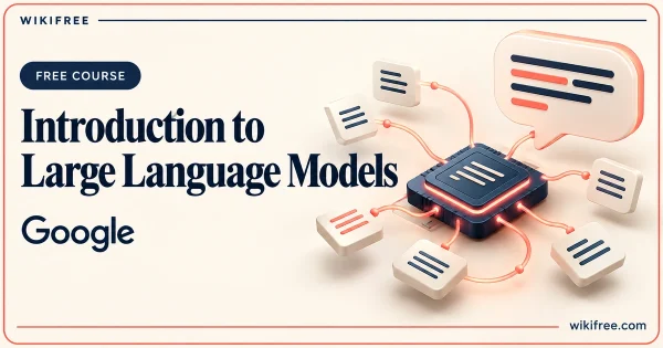 Introduction to Large Language Models by Google, illustrated with connected text tiles, a processor and speech bubble.