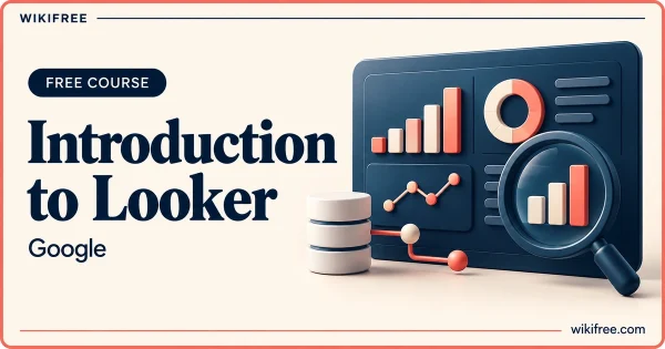 Introduction to Looker by Google, illustrated with a conceptual dashboard, chart magnifier and data cylinder.