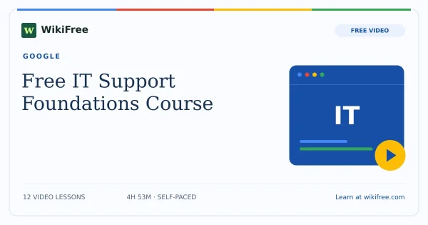 Free IT Support Foundations Course by Google. Original WikiFree artwork in Google-inspired blue, red, yellow and green.