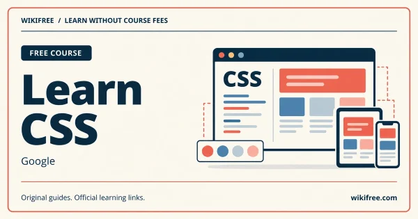 Learn CSS course cover with responsive browser, tablet and phone layouts and a colour palette.