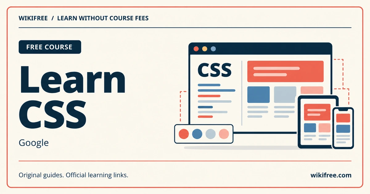 Learn CSS course cover with responsive browser, tablet and phone layouts and a colour palette.