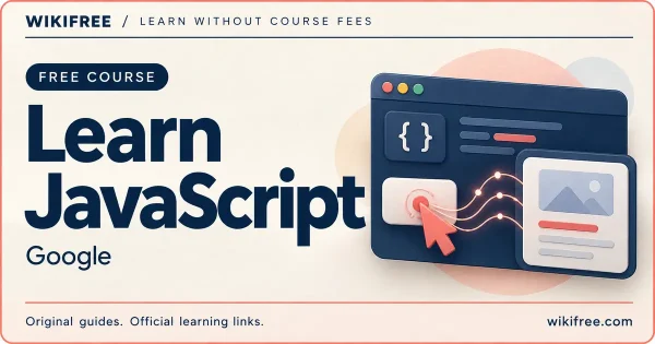 Learn JavaScript cover with an interactive browser panel, code braces and a coral cursor connected to content cards.
