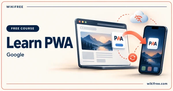 Learn PWA by Google, illustrated with a web application, installed phone app and offline symbol.