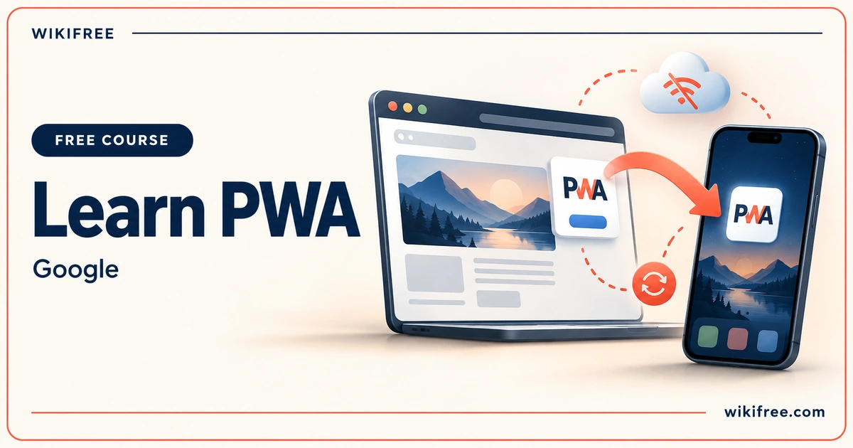 Learn PWA by Google, illustrated with a web application, installed phone app and offline symbol.