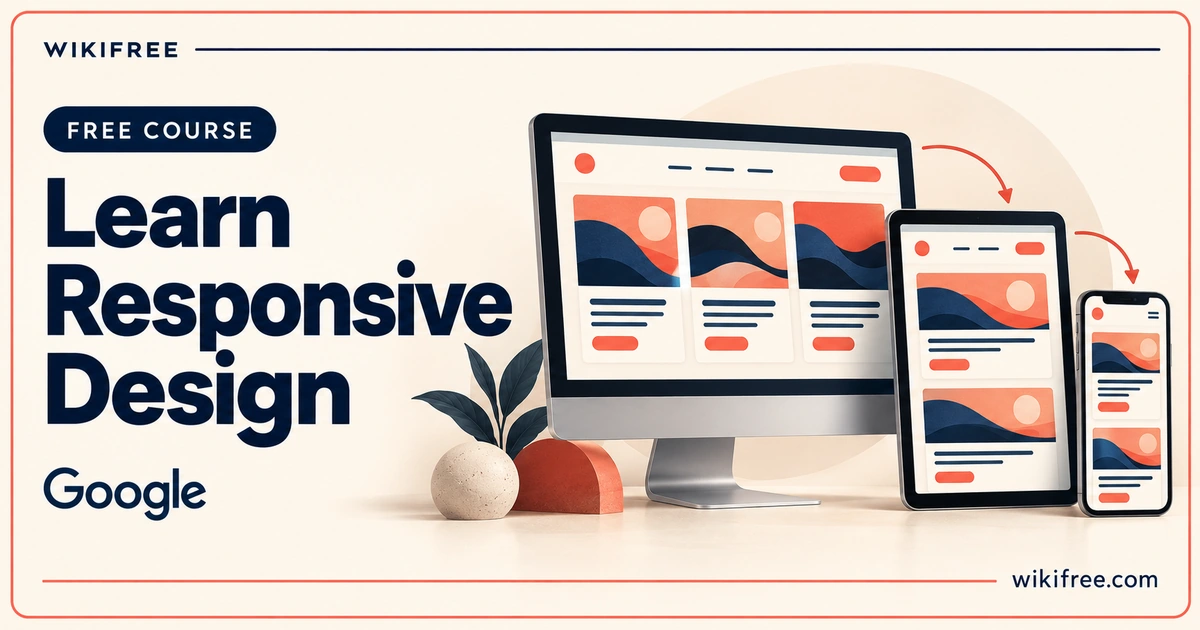 Learn Responsive Design by Google, illustrated with a website layout adapting across desktop, tablet and phone screens.