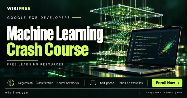 Google Machine Learning Crash Course cover with a laptop and a layered conceptual neural network illustration.