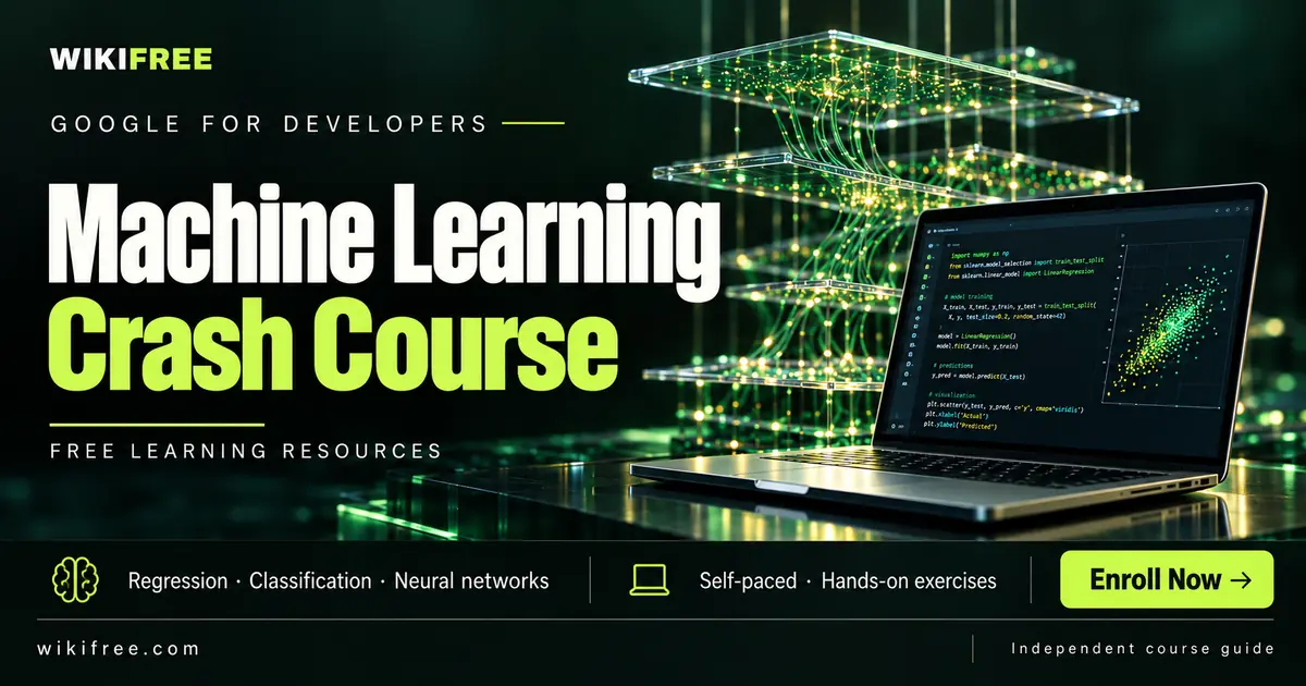 Google Machine Learning Crash Course cover with a laptop and a layered conceptual neural network illustration.