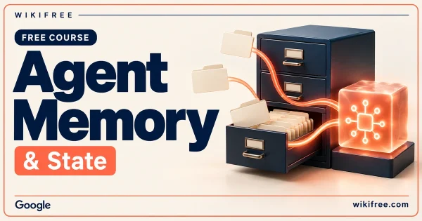 WikiFree Agent Memory and State course cover with an archive cabinet and folders linked to an illuminated AI cube.