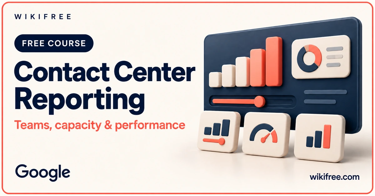 Contact Center Reporting course cover with an illustrative reporting console, capacity blocks and control sliders.