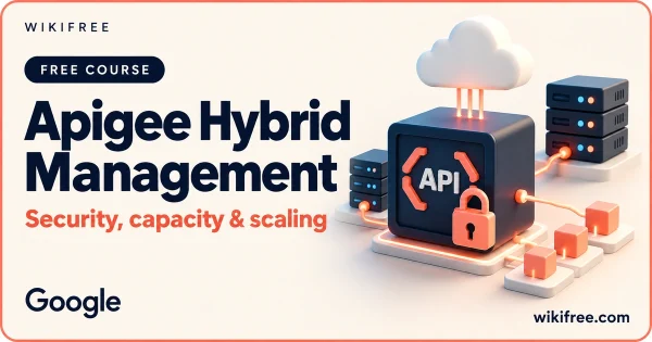 Apigee Hybrid Management course cover with an illustrative API gateway, cloud platform, servers and padlock.