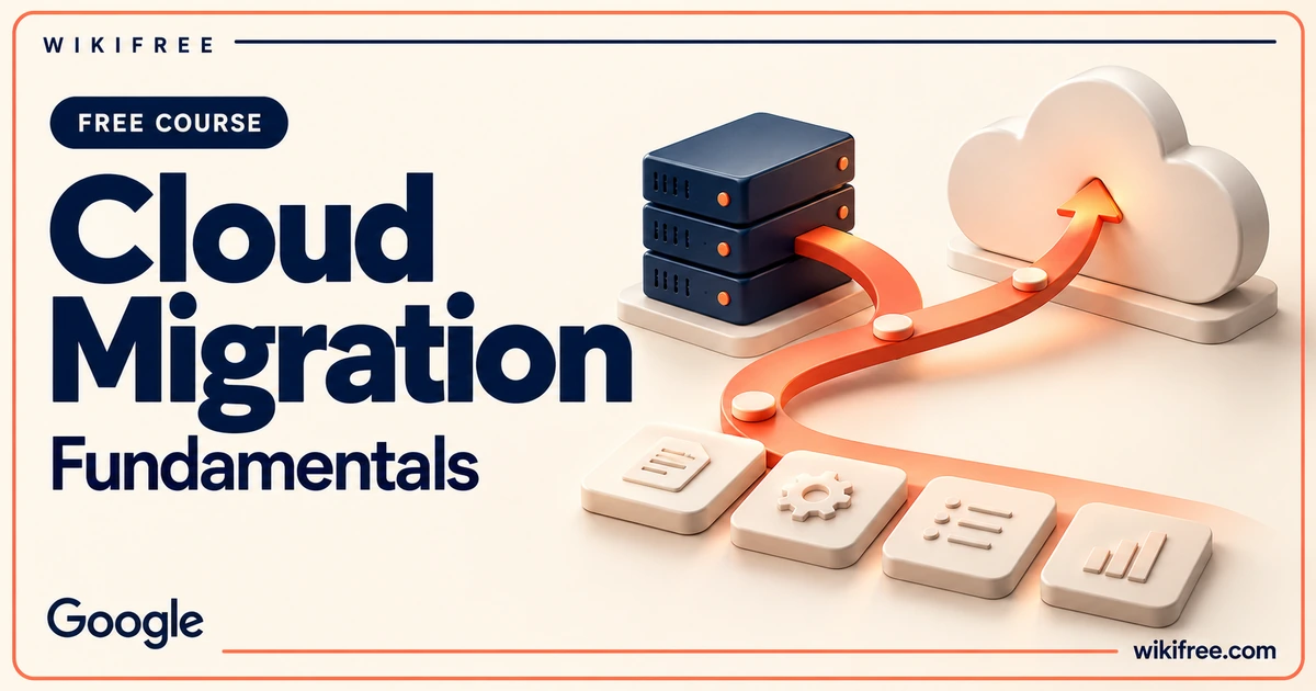 WikiFree Cloud Migration course cover with navy servers connected to a cream cloud by a coral route and planning tiles.