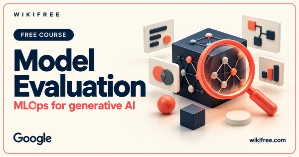WikiFree model evaluation course cover with an illustrative model cube, magnifying lens and abstract evaluation tiles.