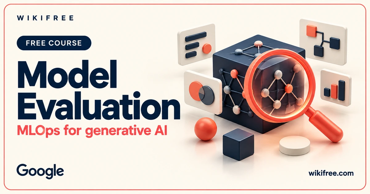WikiFree model evaluation course cover with an illustrative model cube, magnifying lens and abstract evaluation tiles.
