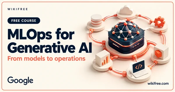 WikiFree MLOps for Generative AI course cover with a model core surrounded by a conceptual operational pipeline.