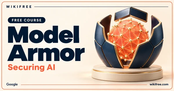 Model Armor course cover with a protective shell around an illustrative AI network sphere.