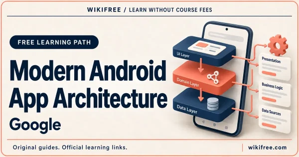 Modern Android App Architecture cover with UI, domain and data layers stacked beside a phone illustration.