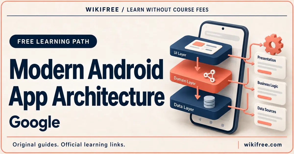 Modern Android App Architecture cover with UI, domain and data layers stacked beside a phone illustration.