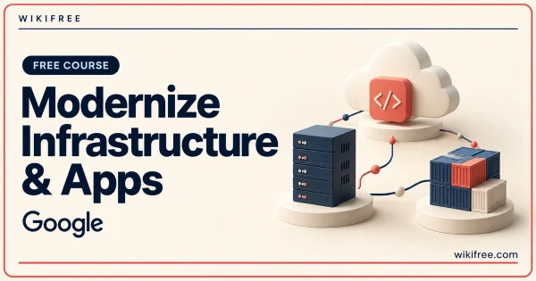 Modernize Infrastructure and Apps by Google, illustrated with server, modular infrastructure and cloud concepts.