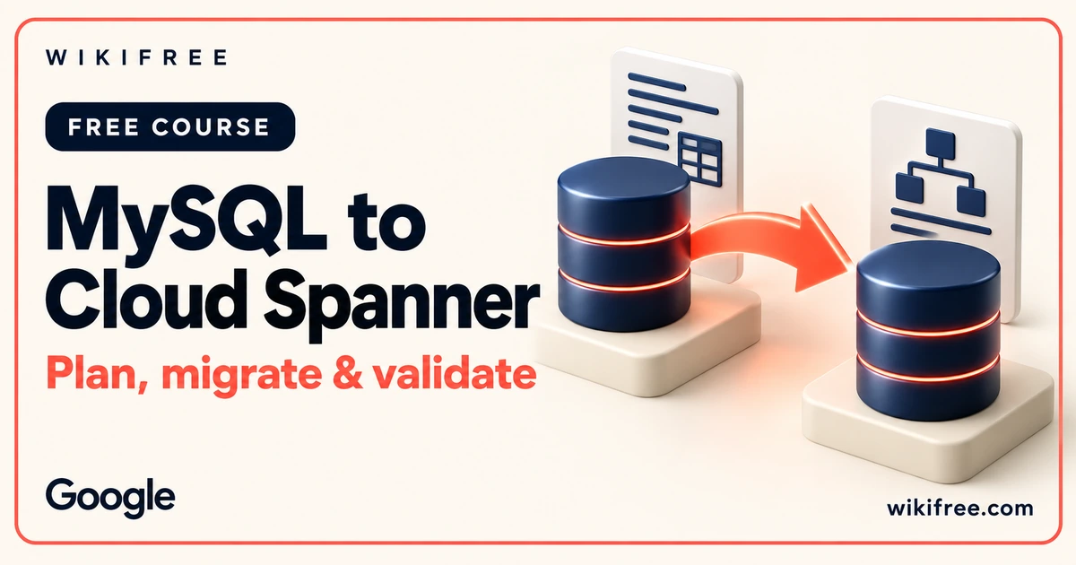MySQL to Cloud Spanner course cover with conceptual databases linked by a migration arrow and schema cards.