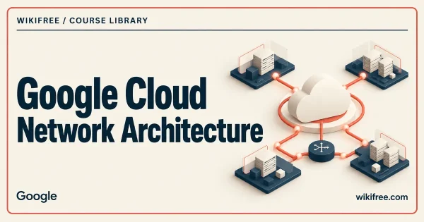 Cloud linked to four network groups and a router on a WikiFree network architecture course cover.