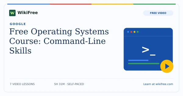 Free Operating Systems Course: Command-Line Skills. Original WikiFree artwork in Google-inspired blue, red, yellow and green.