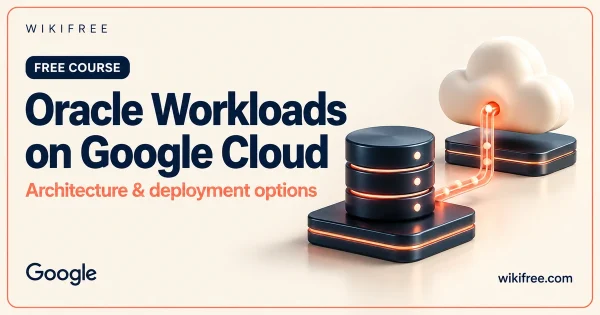 Oracle workloads on Google Cloud course cover with an illustrative database migration pathway to a cloud platform.