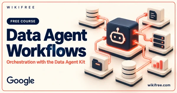 Data Agent Workflows course cover with a conceptual agent core linked to databases, files and workflow blocks.