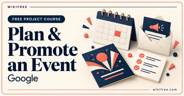 Plan and Promote an Event by Google, illustrated with an event calendar, invitation envelope, promotional flyer and planning checklist.
